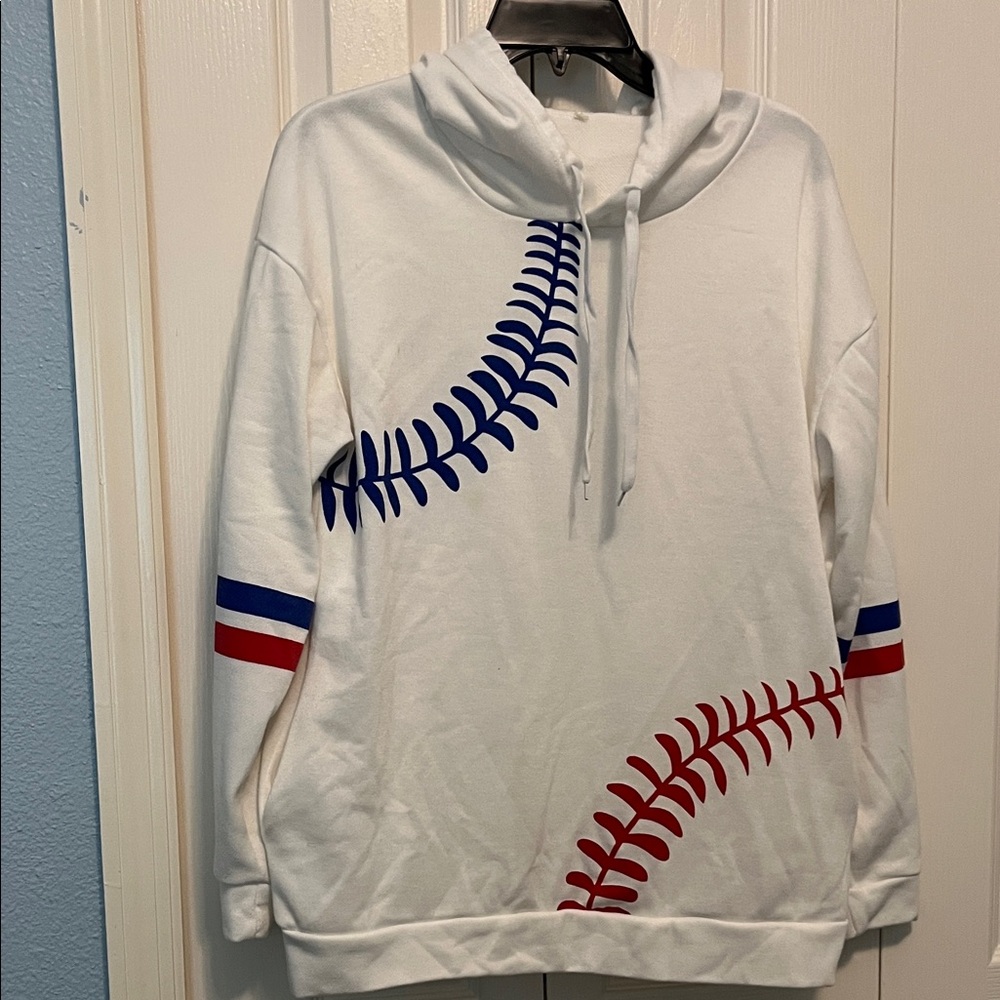 Women’s baseball hooded sweatshirt red white and blue size M